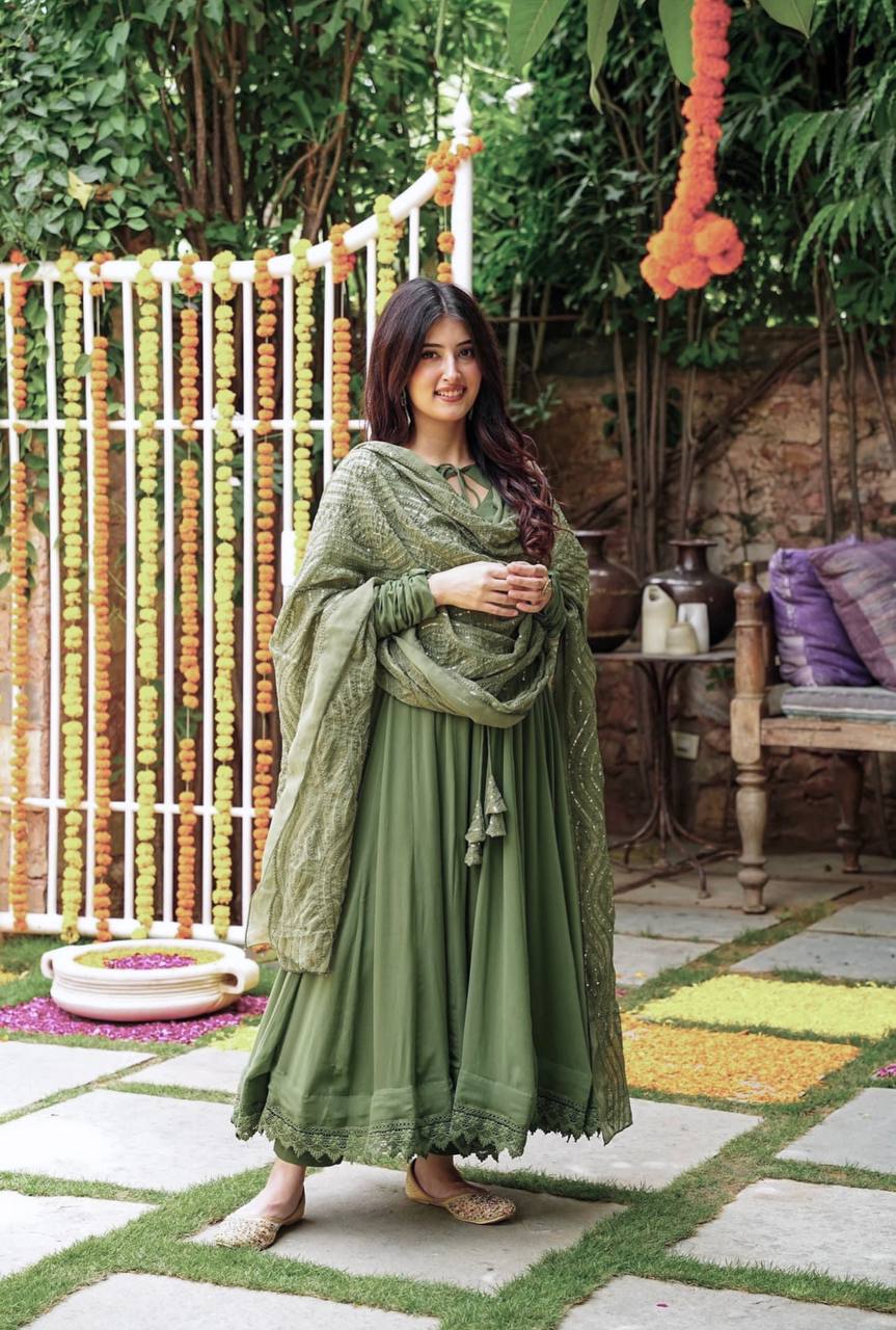 Ceremony Wear Mehndi Color Gown With Work Dupatta