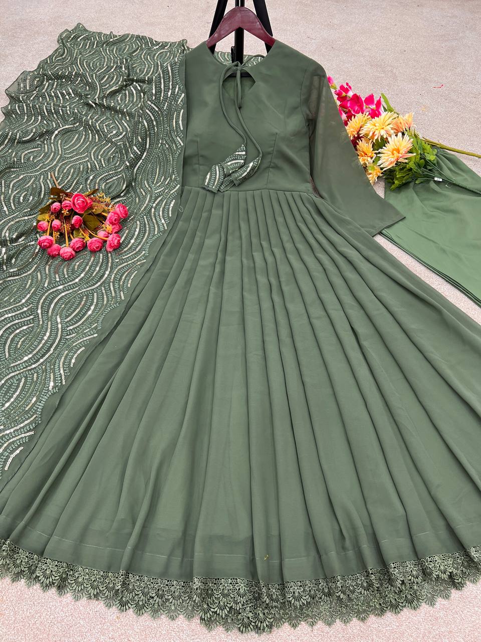 Ceremony Wear Mehndi Color Gown With Work Dupatta