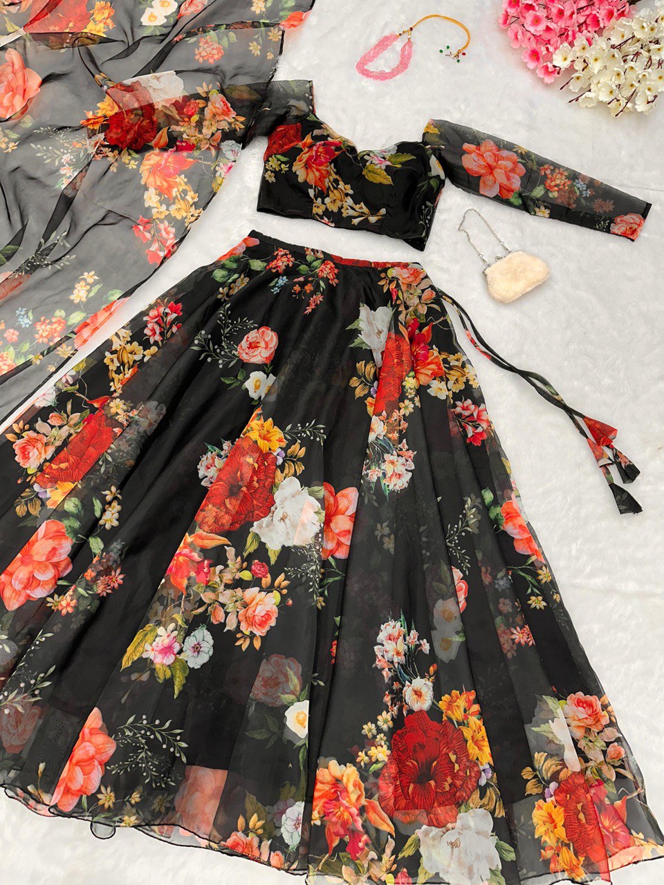 Party Wear Multi Flower Printed Black Color Lehenga Choli