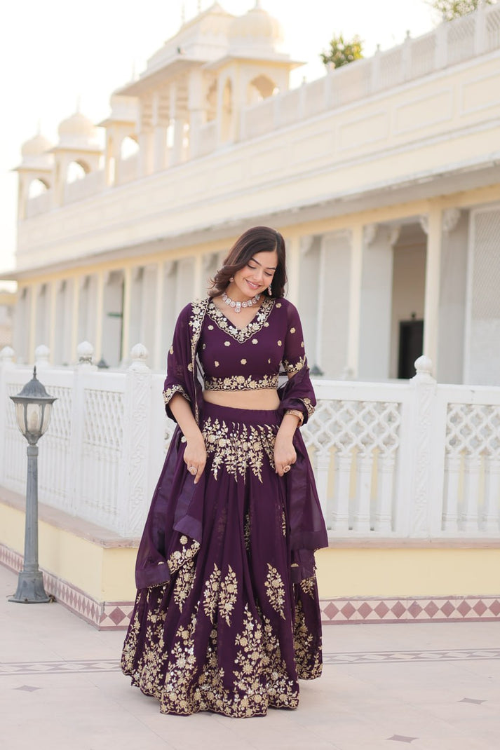 Marriage Special Embroidered Work Purple Color Lehenga Choli