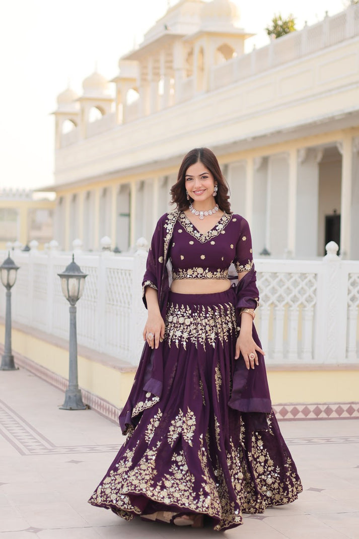 Marriage Special Embroidered Work Purple Color Lehenga Choli