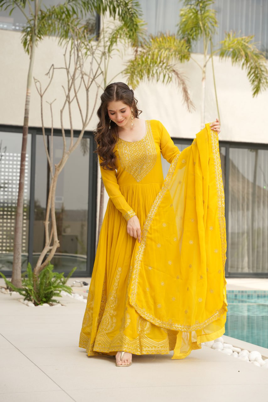 Yellow Color Faux Blooming Embroidered Gown