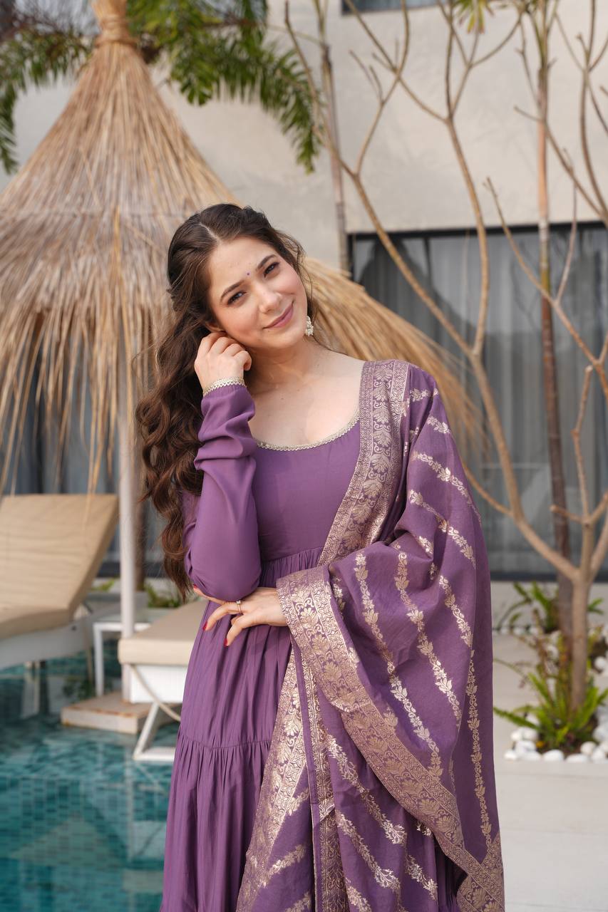 Dusty Purple Color Pure Chanderi Silk Frill Style Anarkali Suit