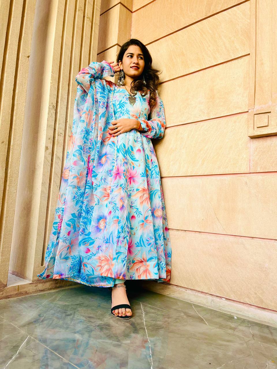 Gown Febrics Organza Taby Silk Heavy Quality Fabric With Digital Print And Full Sleeve