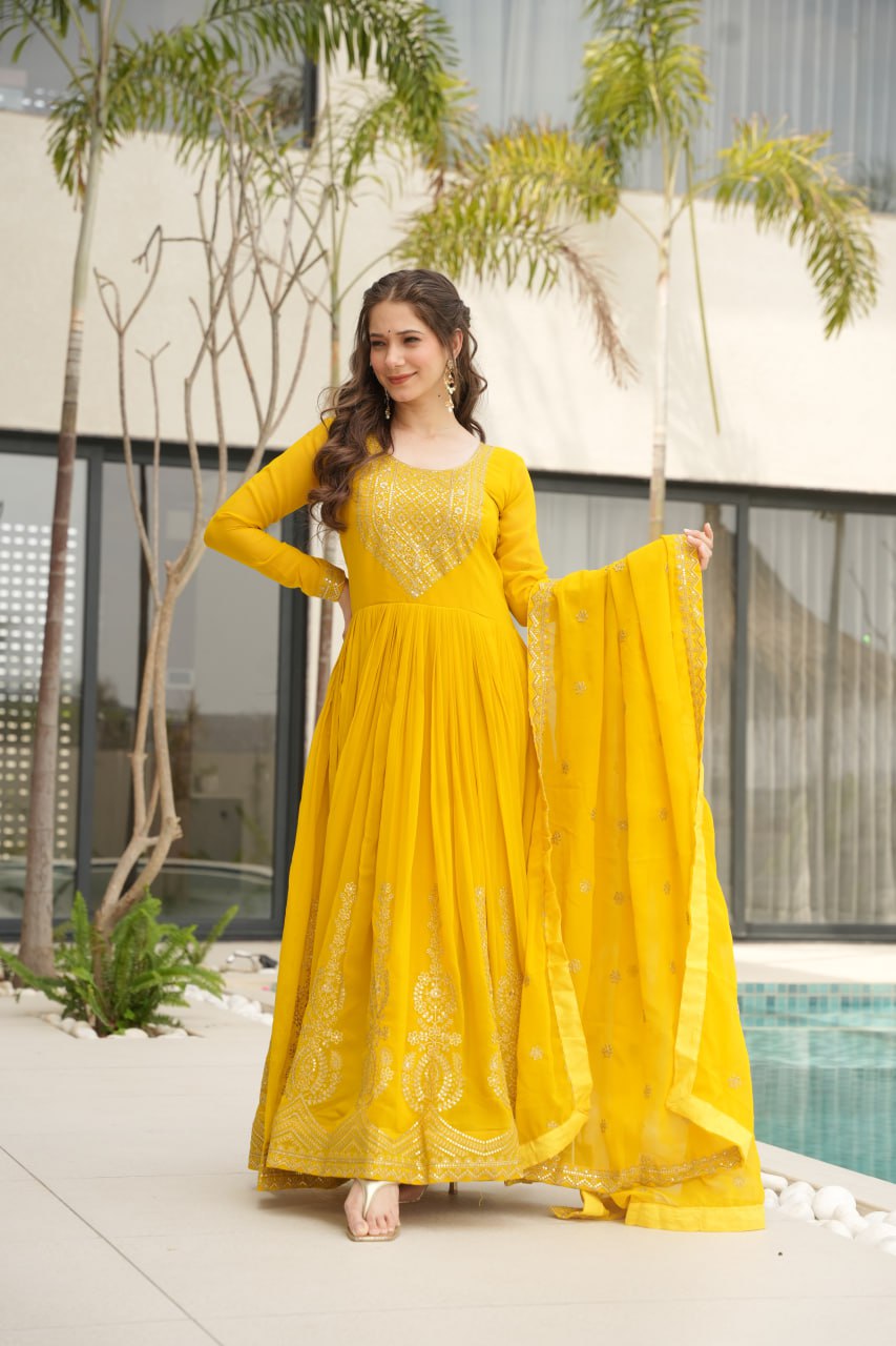 Yellow Color Faux Blooming Embroidered Gown