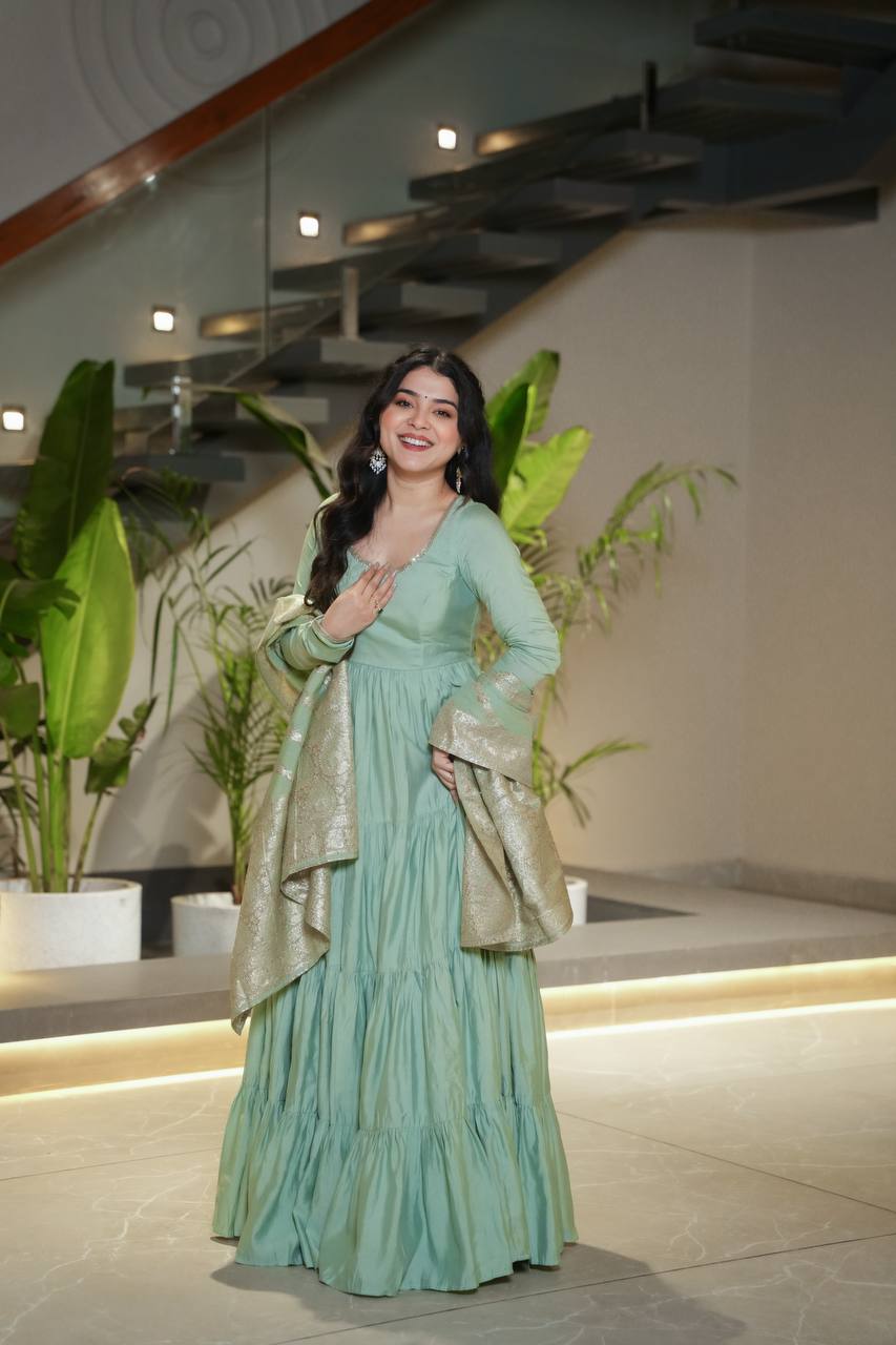 Gorgeous Pista Green Anarkali Gown With Banarasi Silk Dupatta