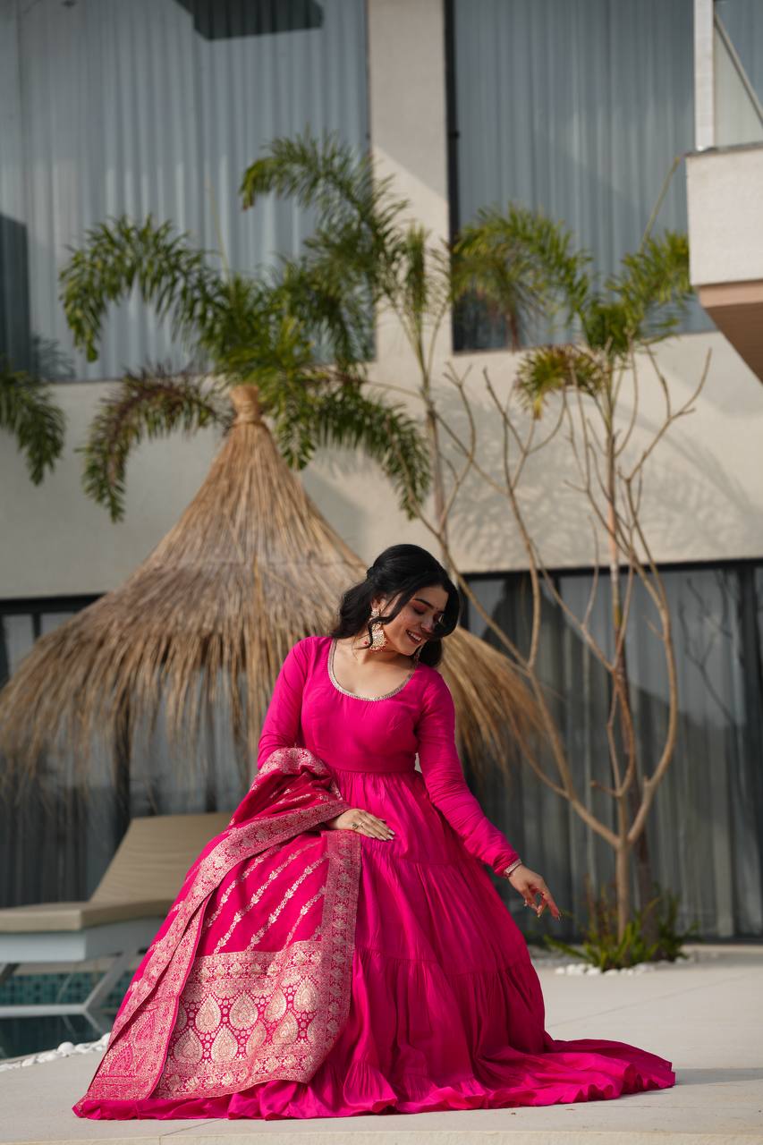 Charming Hot Pink Anarkali Suit With Banarsi Silk Dupatta