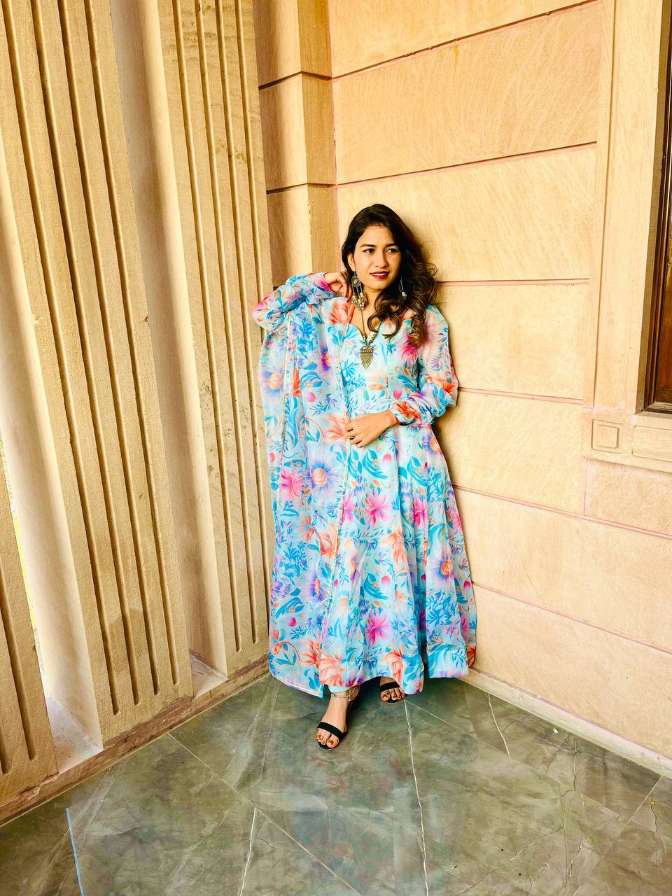 Gown Febrics Organza Taby Silk Heavy Quality Fabric With Digital Print And Full Sleeve
