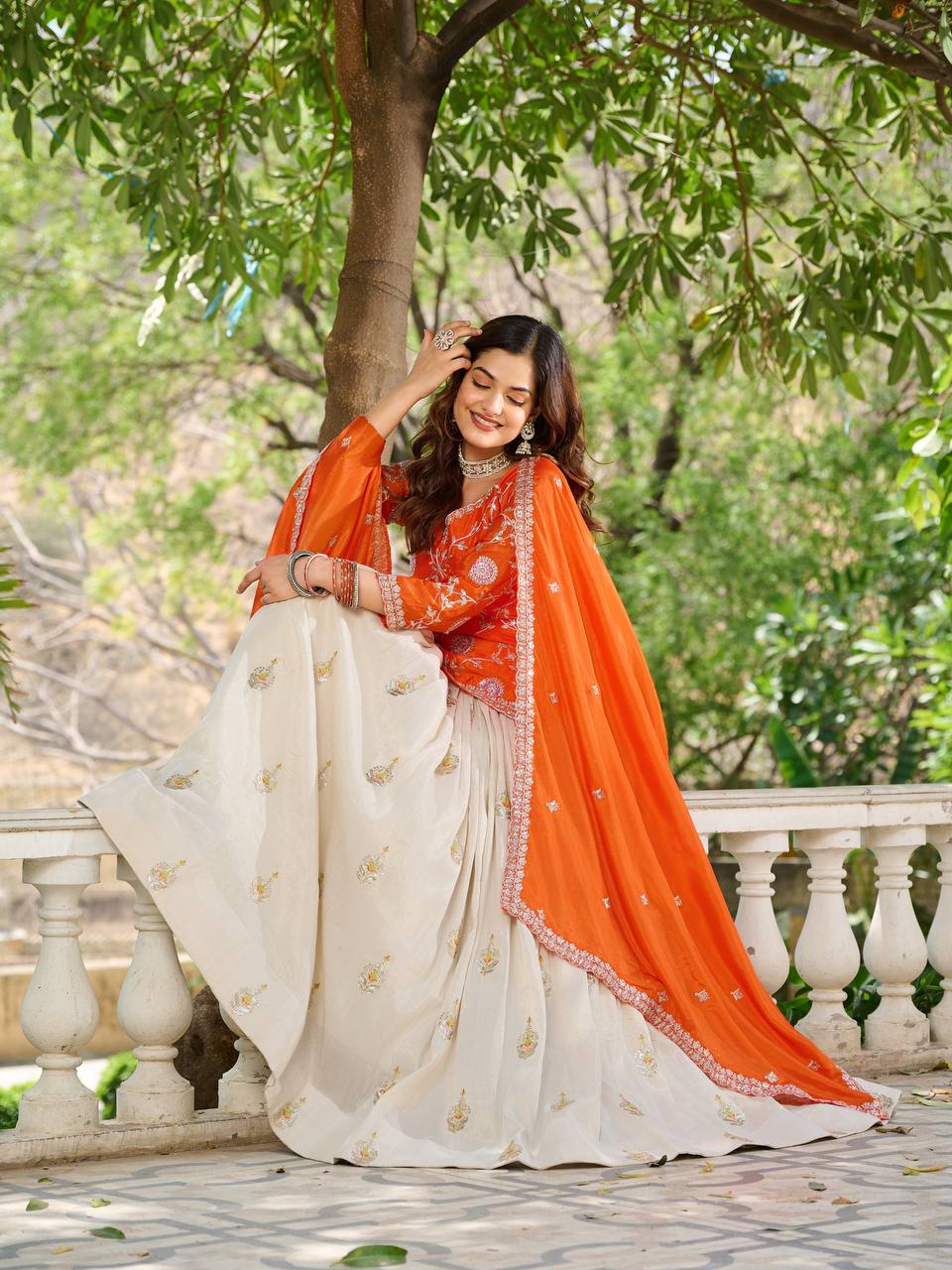 Orange Color Wedding Wear Zari Sequins Embroidery Work Lehenga Choli