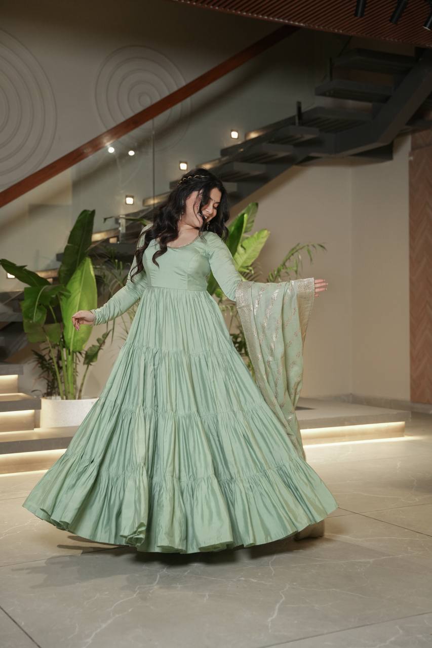 Gorgeous Pista Green Anarkali Gown With Banarasi Silk Dupatta