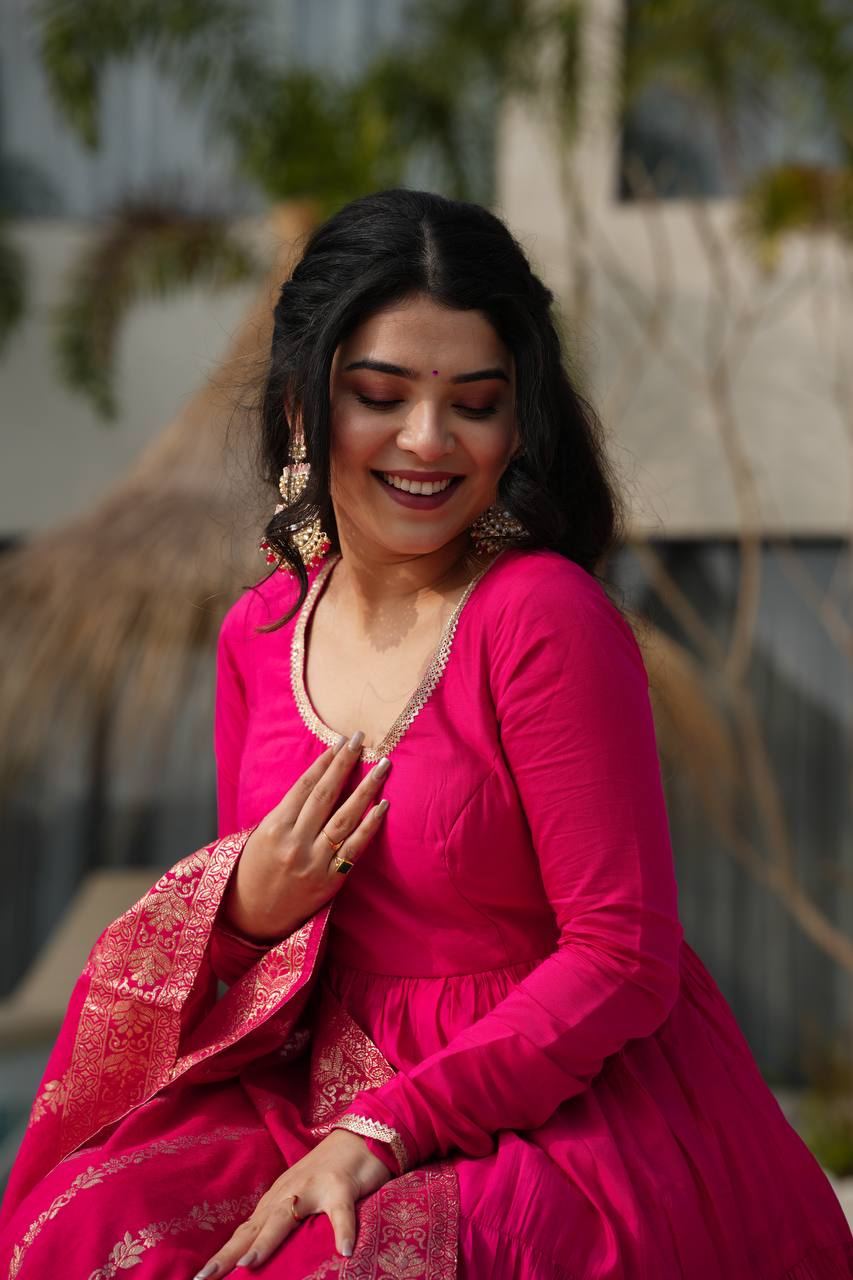 Charming Hot Pink Anarkali Suit With Banarsi Silk Dupatta