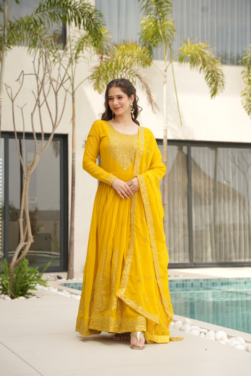 Yellow Color Faux Blooming Embroidered Gown
