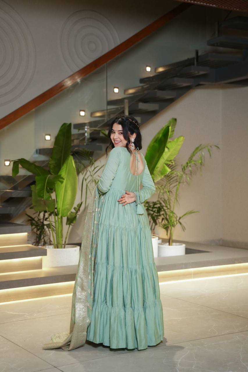 Gorgeous Pista Green Anarkali Gown With Banarasi Silk Dupatta