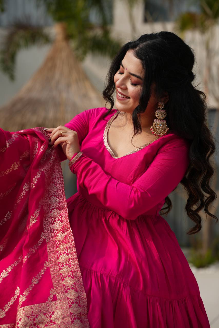Charming Hot Pink Anarkali Suit With Banarsi Silk Dupatta