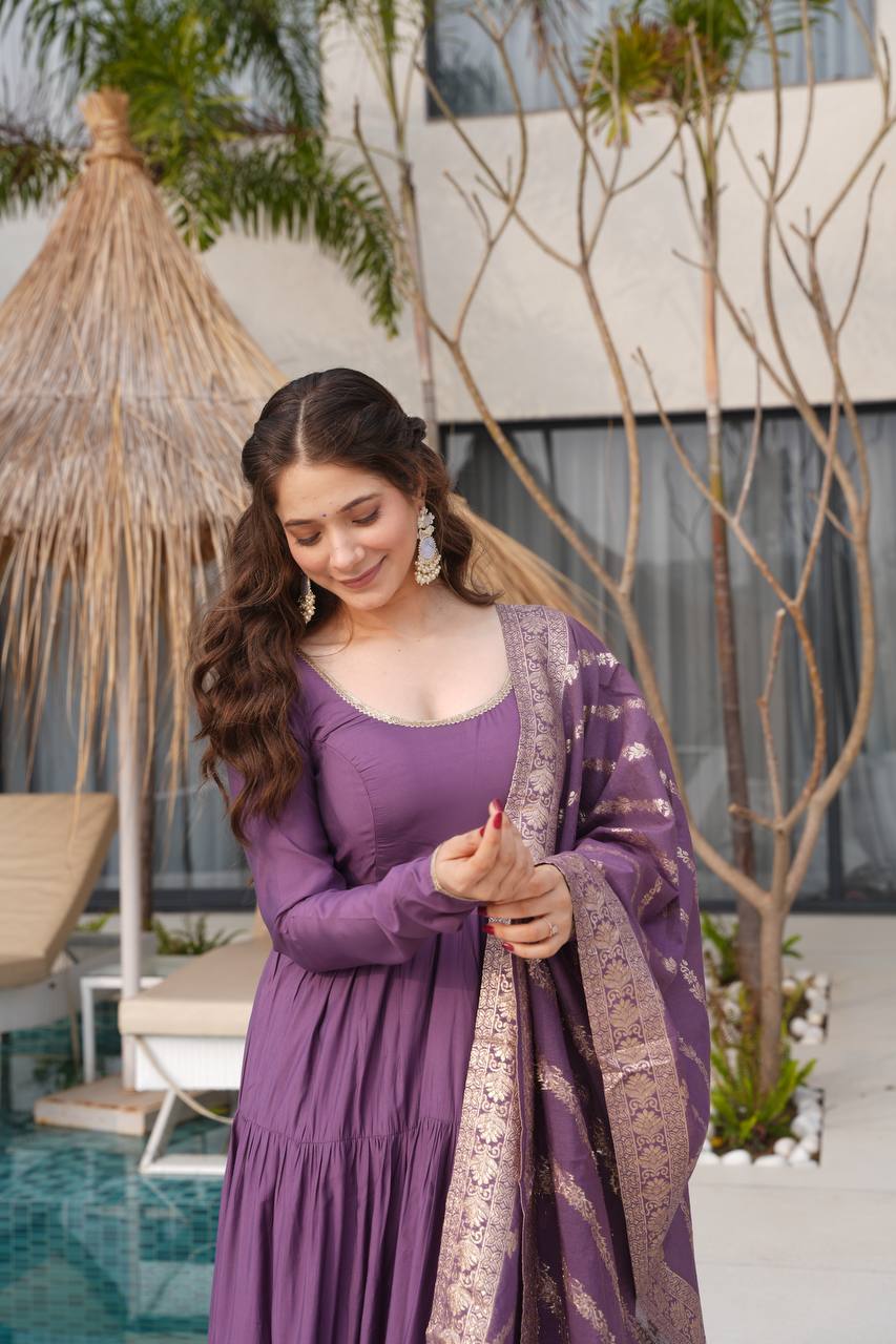 Dusty Purple Color Pure Chanderi Silk Frill Style Anarkali Suit
