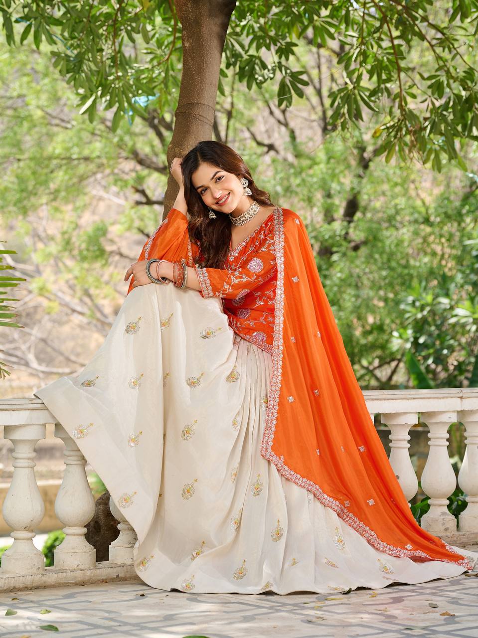 Orange Color Wedding Wear Zari Sequins Embroidery Work Lehenga Choli