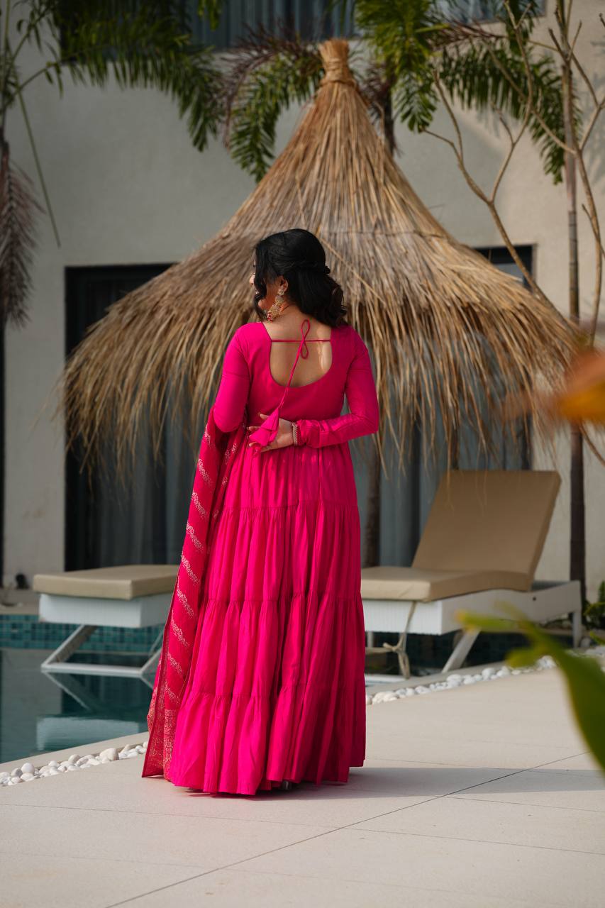 Charming Hot Pink Anarkali Suit With Banarsi Silk Dupatta