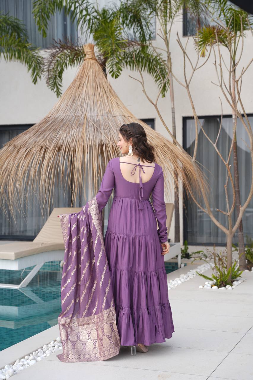 Dusty Purple Color Pure Chanderi Silk Frill Style Anarkali Suit