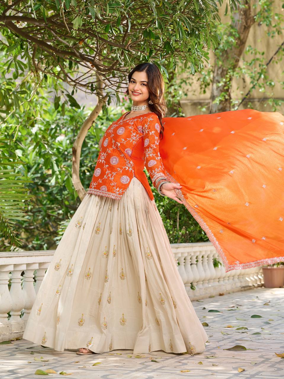 Orange Color Wedding Wear Zari Sequins Embroidery Work Lehenga Choli