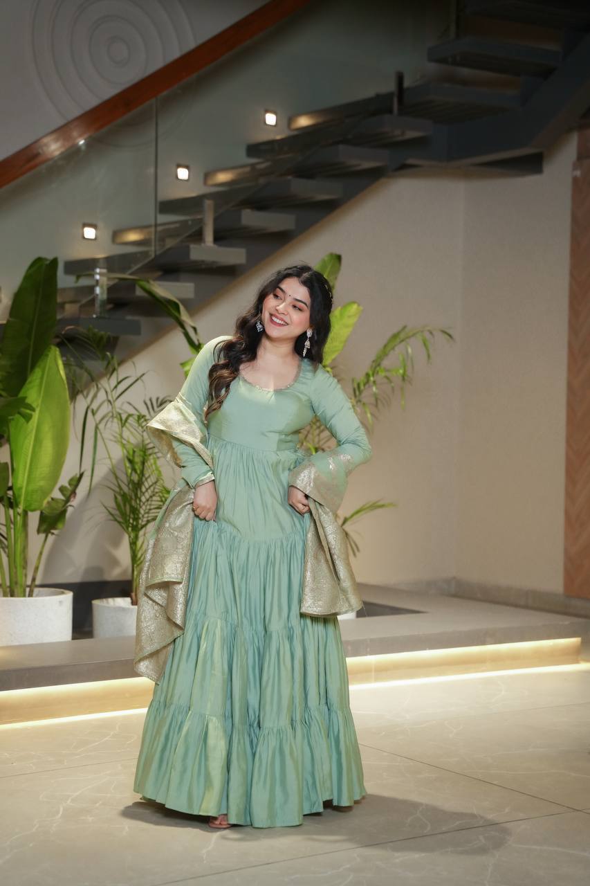Gorgeous Pista Green Anarkali Gown With Banarasi Silk Dupatta