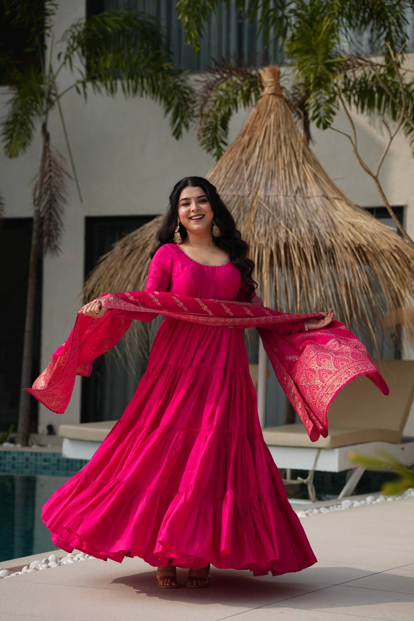 Charming Hot Pink Anarkali Suit With Banarsi Silk Dupatta