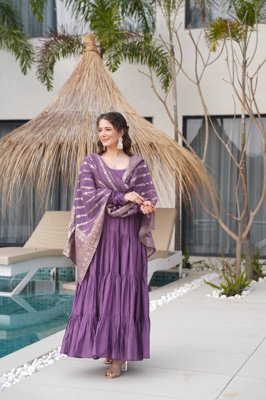 Dusty Purple Color Pure Chanderi Silk Frill Style Anarkali Suit