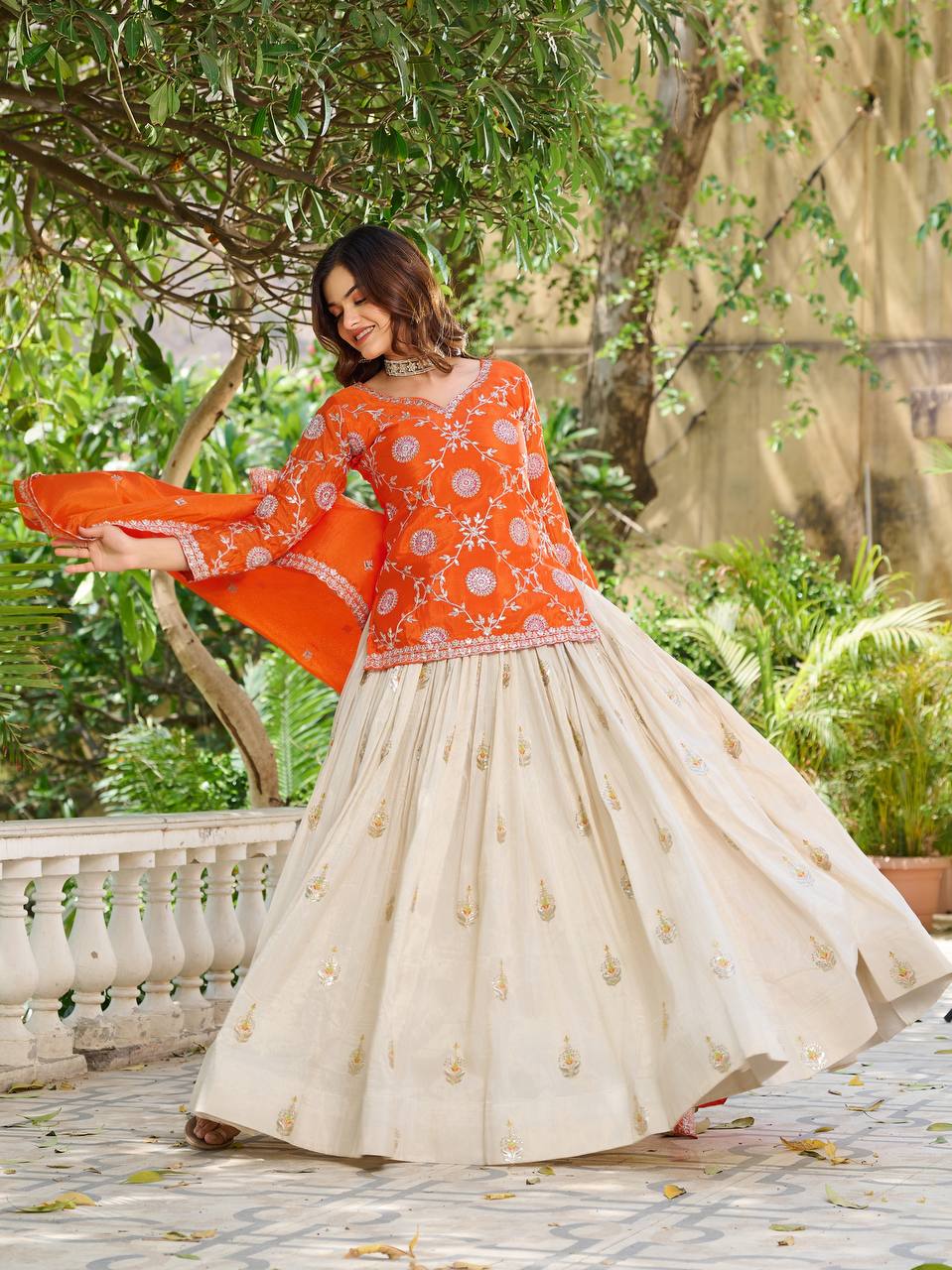 Orange Color Wedding Wear Zari Sequins Embroidery Work Lehenga Choli