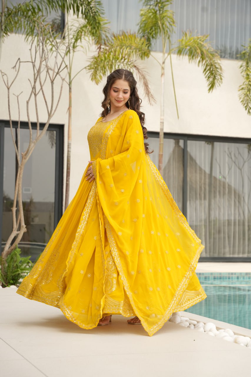 Yellow Color Faux Blooming Embroidered Gown