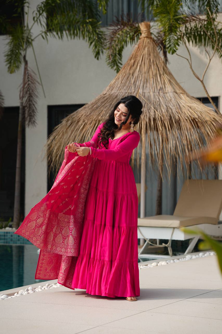 Charming Hot Pink Anarkali Suit With Banarsi Silk Dupatta