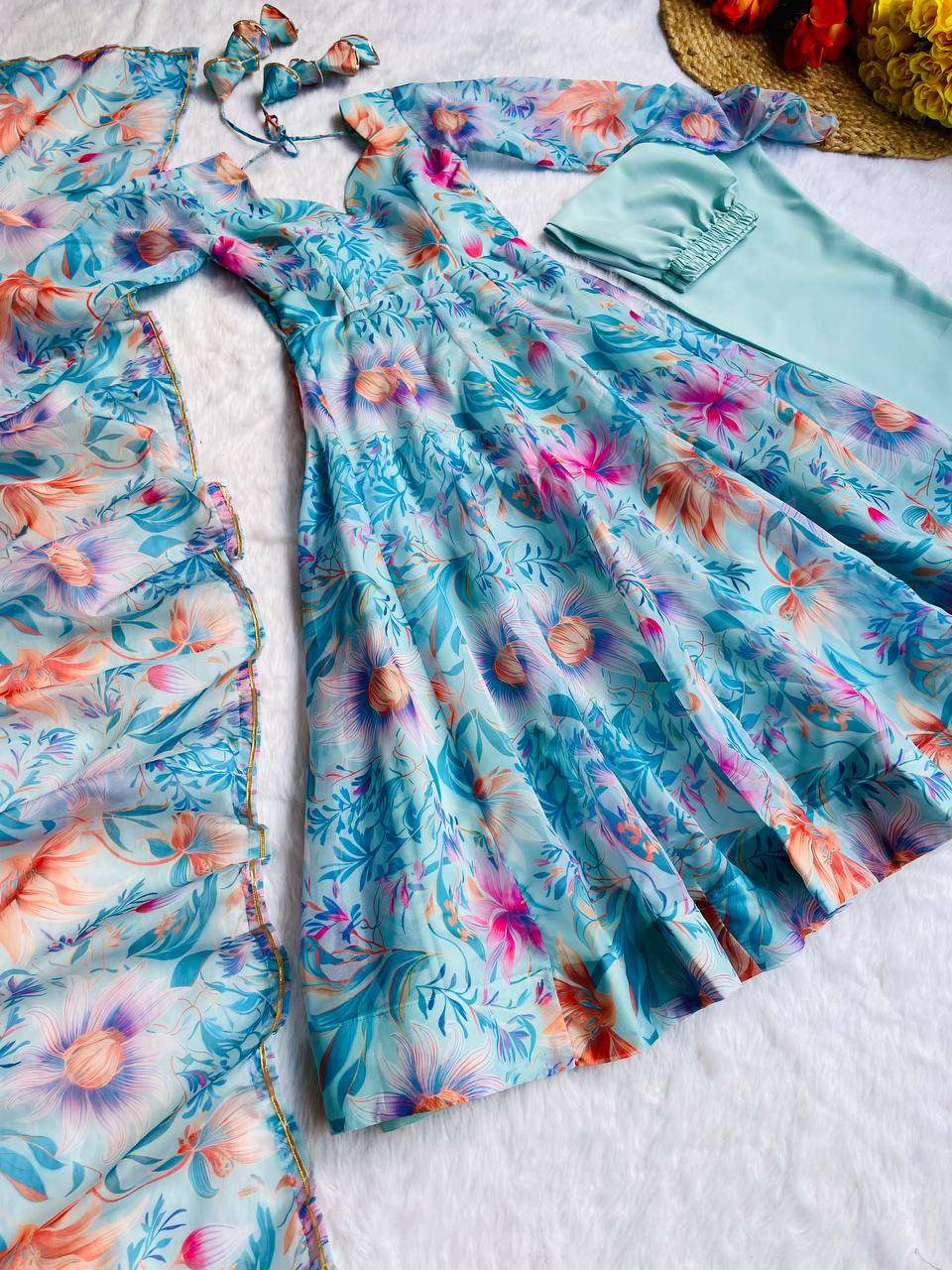 Gown Febrics Organza Taby Silk Heavy Quality Fabric With Digital Print And Full Sleeve