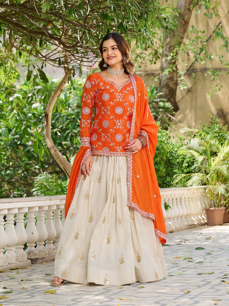 Orange Color Wedding Wear Zari Sequins Embroidery Work Lehenga Choli