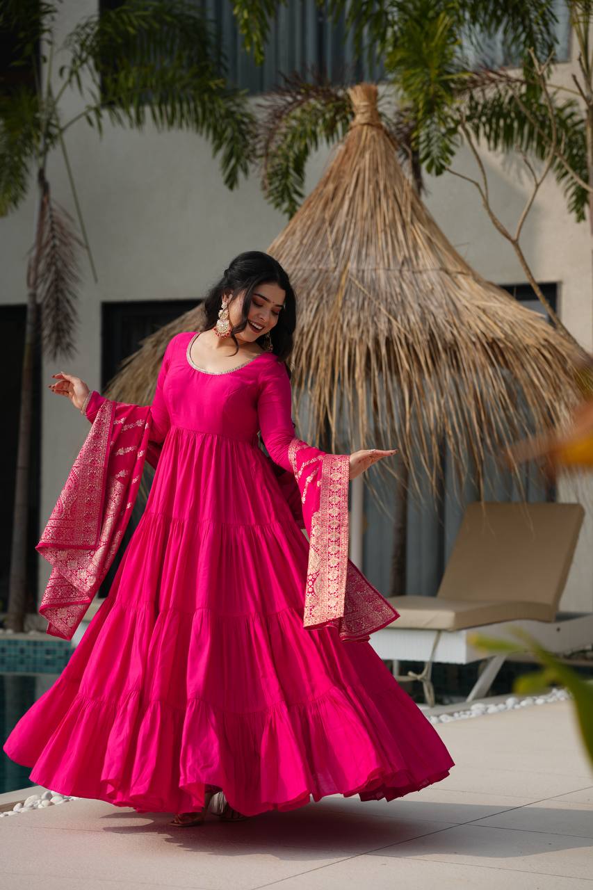 Charming Hot Pink Anarkali Suit With Banarsi Silk Dupatta