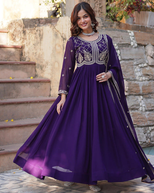 Purple color faux blooming embroidered gown with dupatta
