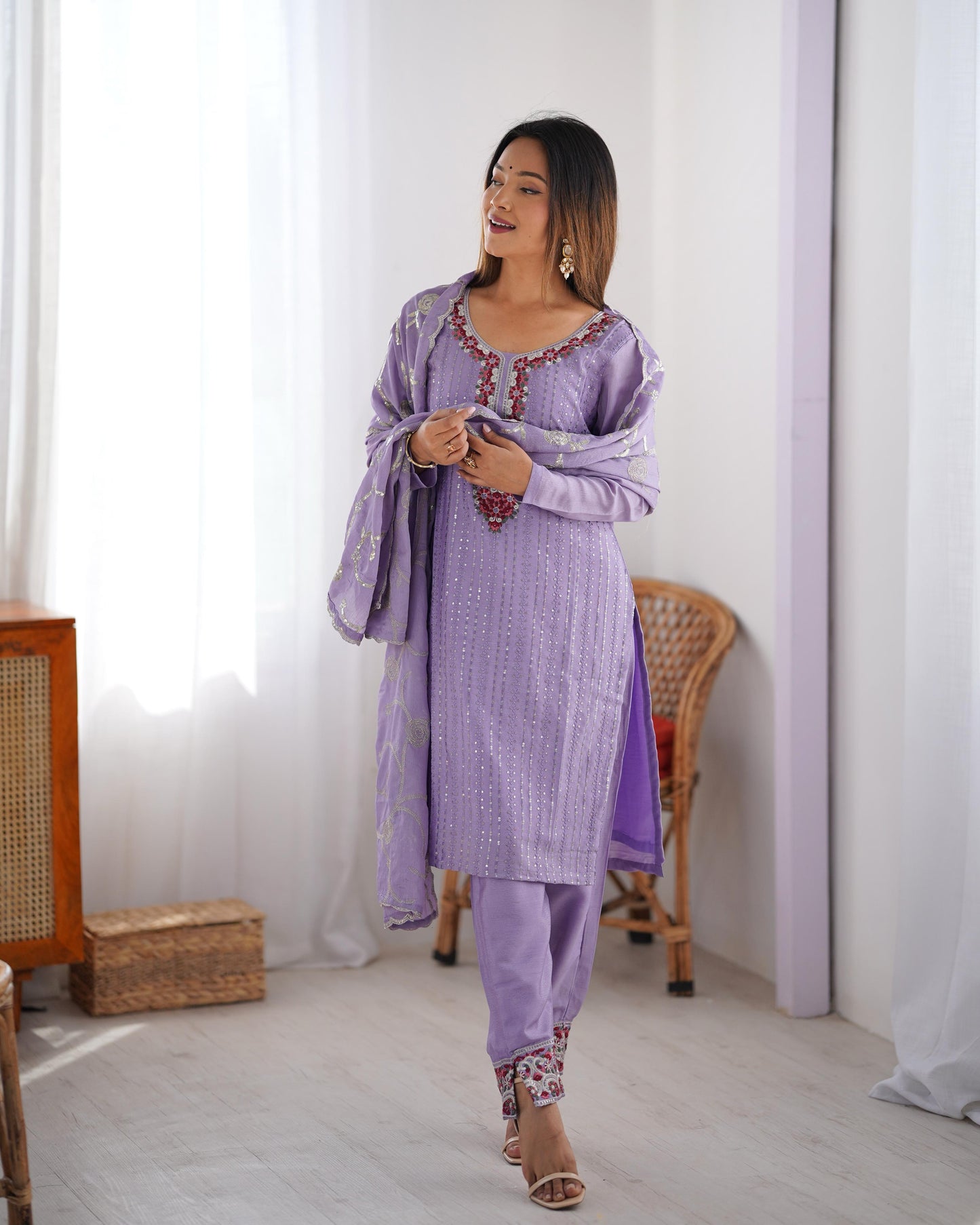 Light Purple Color Chinon Silk Three Piece Kurti Suit