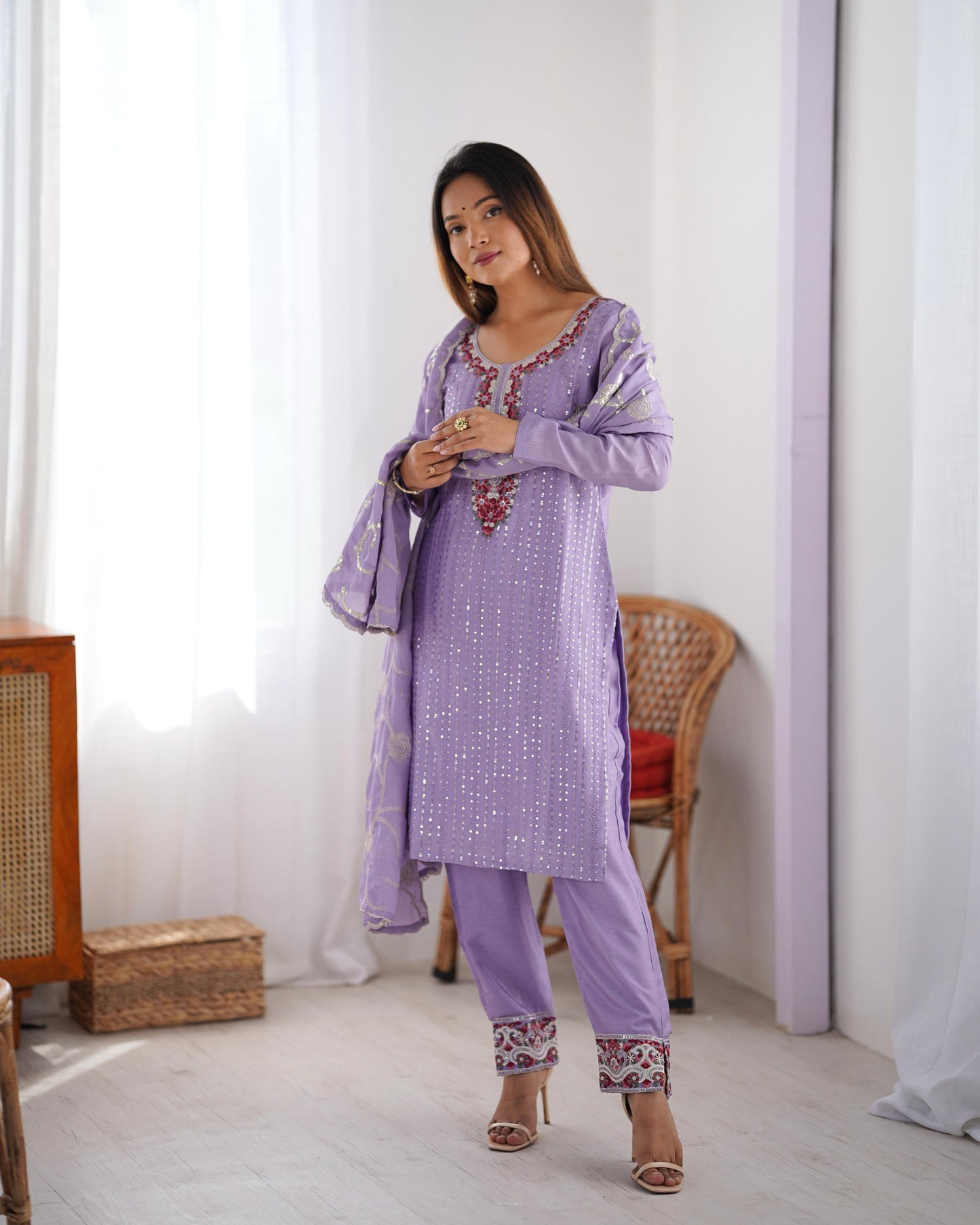 Light Purple Color Chinon Silk Three Piece Kurti Suit