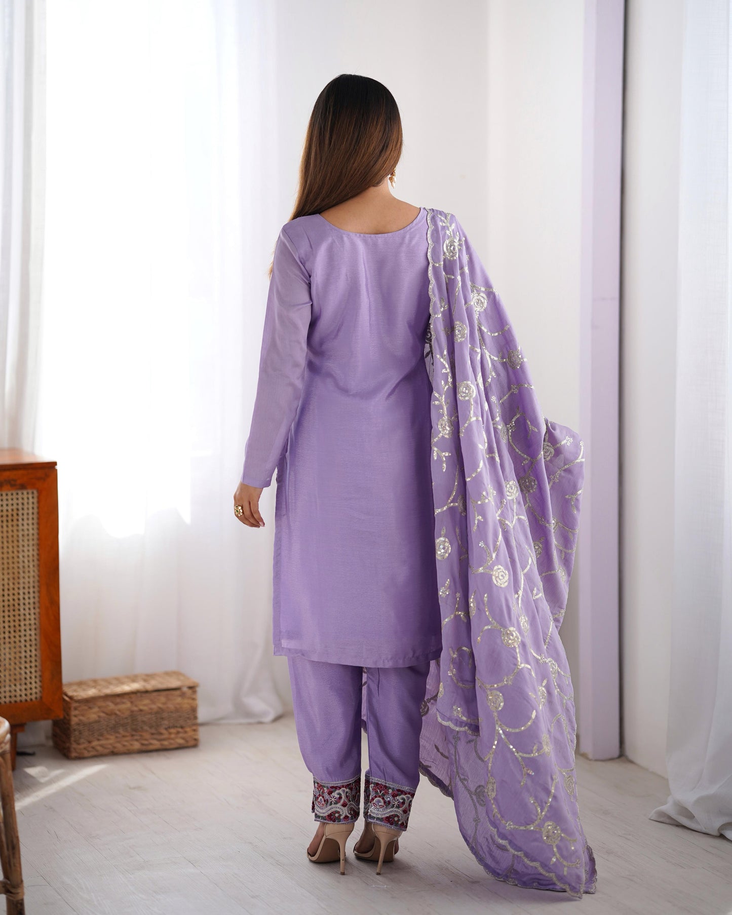 Light Purple Color Chinon Silk Three Piece Kurti Suit