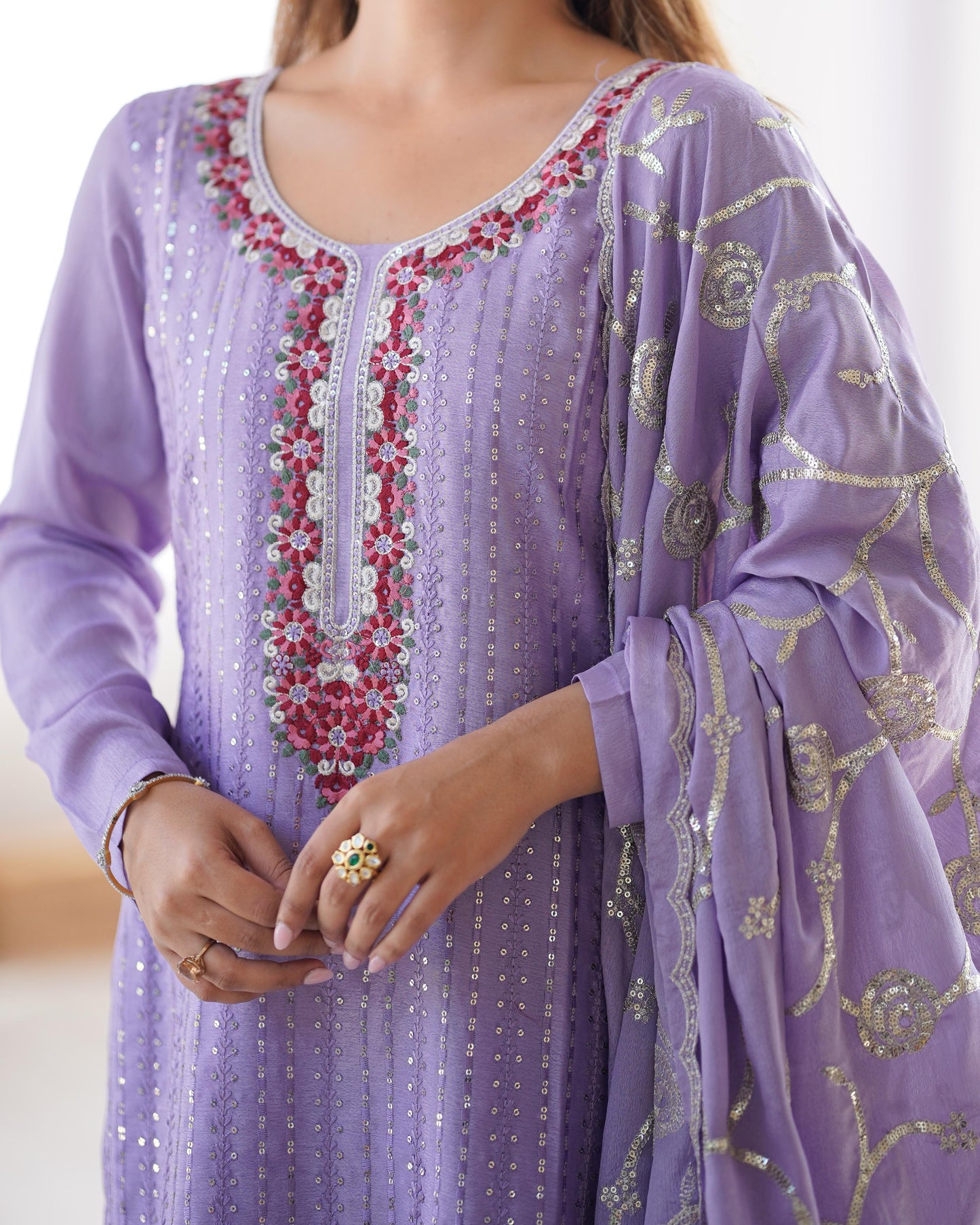 Light Purple Color Chinon Silk Three Piece Kurti Suit
