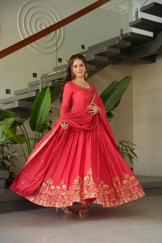 Neon Peach Color Chinon Silk Sequins Embroidered Gown