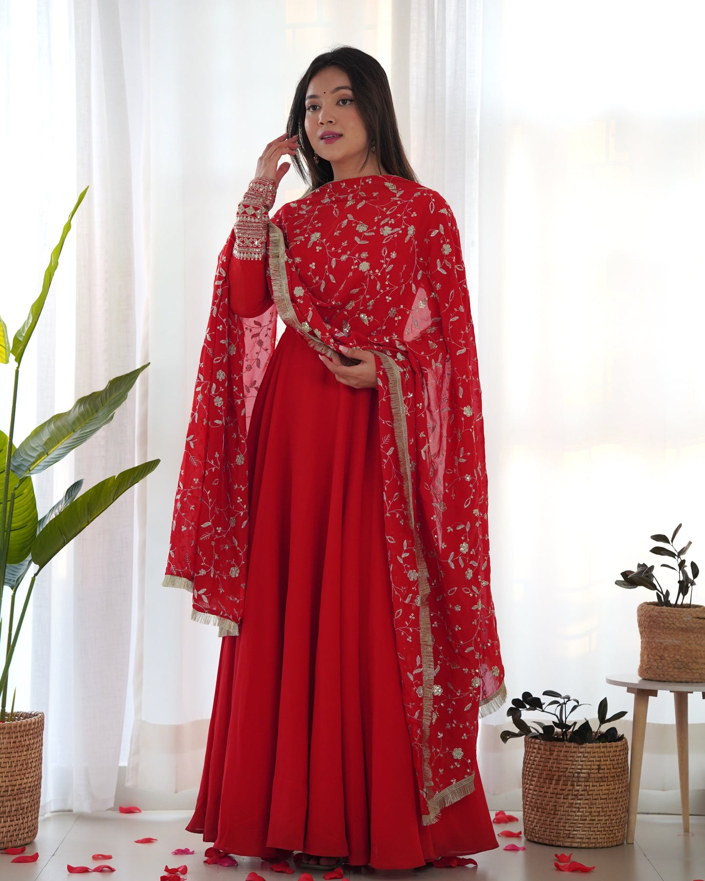 Beautiful Red Color Georgette Gown With Embroidery Sequence