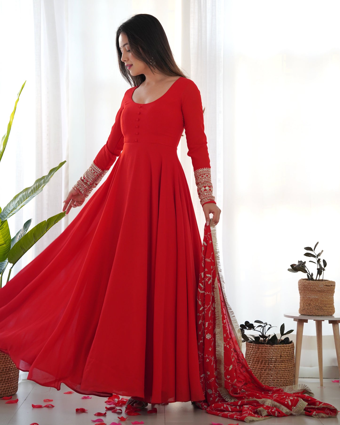 Beautiful Red Color Georgette Gown With Embroidery Sequence