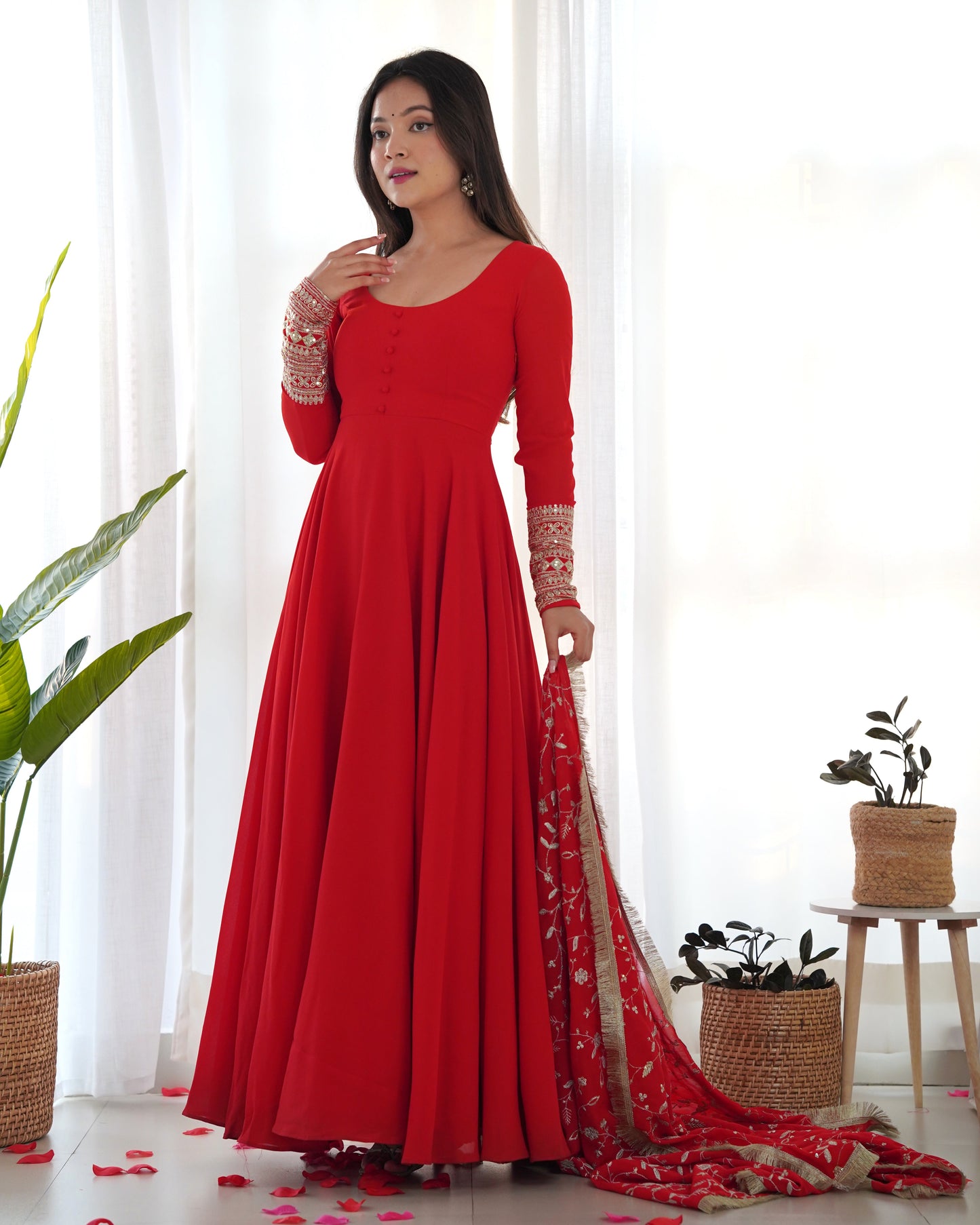 Beautiful Red Color Georgette Gown With Embroidery Sequence