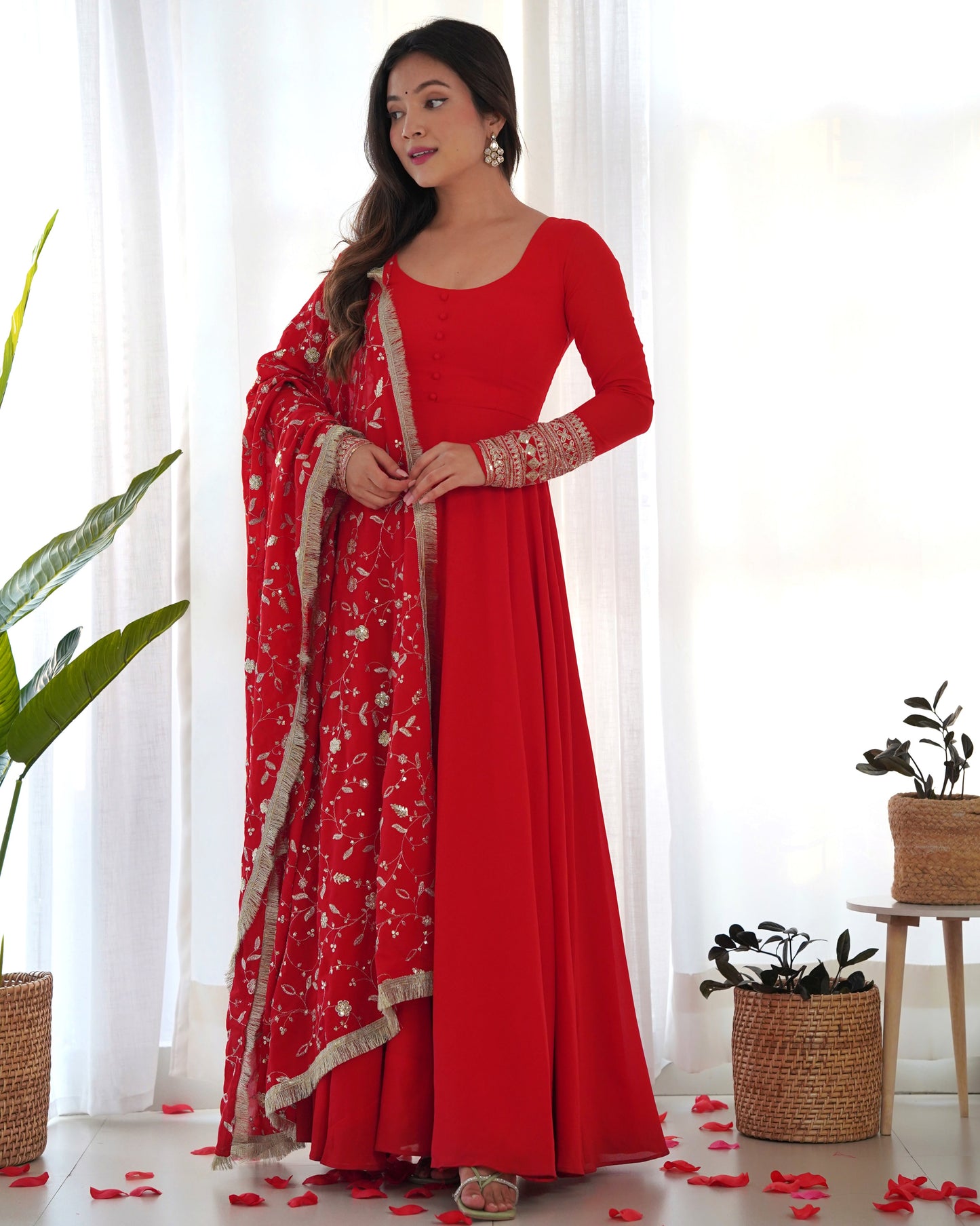 Beautiful Red Color Georgette Gown With Embroidery Sequence