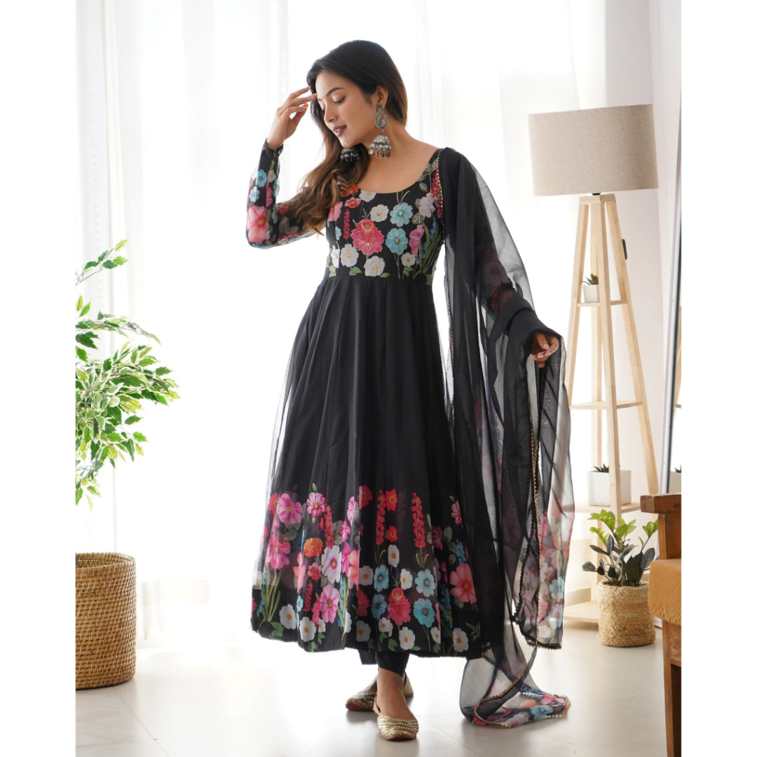Black Color Pure Soft Organja Silk Fabric Fully Flair Kali Pattern And Canvas Patta With Dupatta Set Pent Ready To Wear