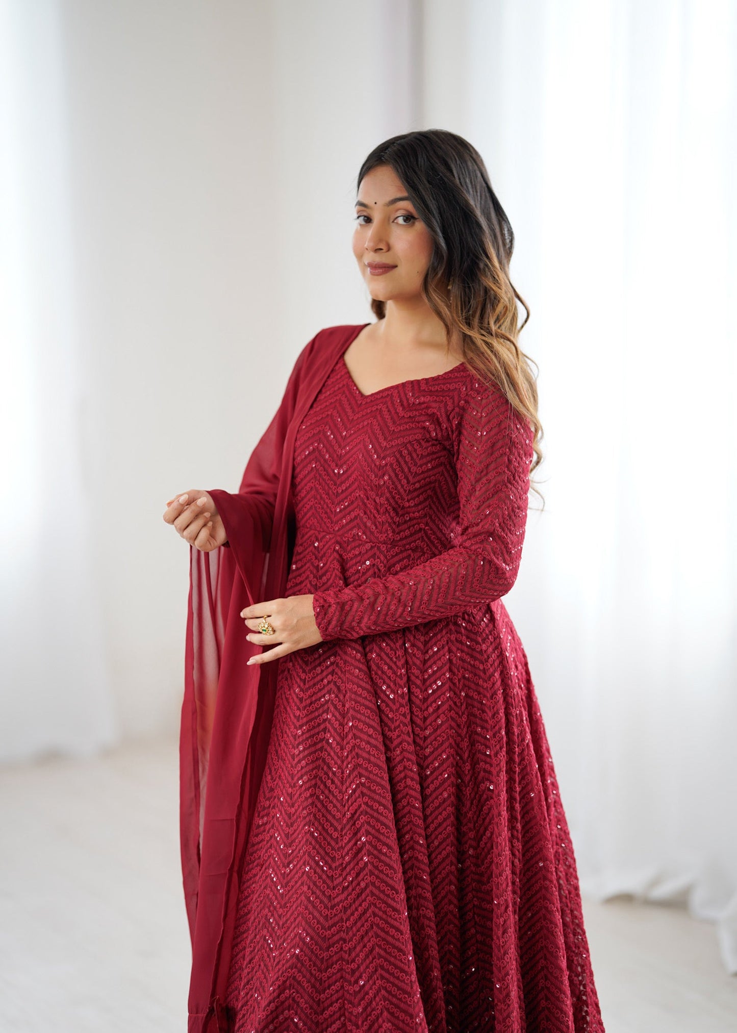 Maroon Color Georgette Lucknowi Three Piece Anarkali Suit