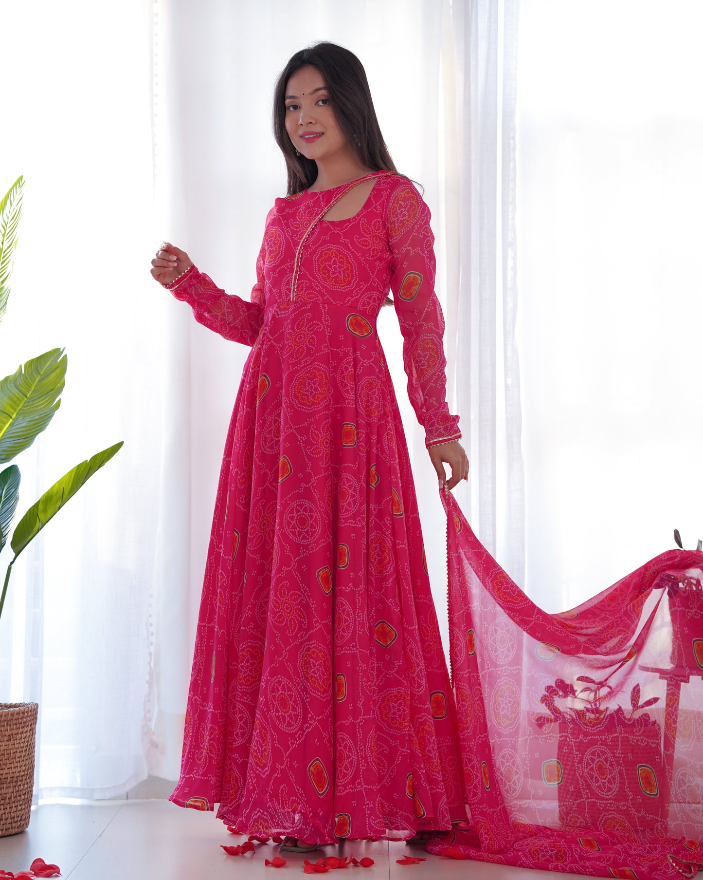 Pink Color Bandhej Print Soft Chiffon Stylish Neck Three Piece Anarkali Gown
