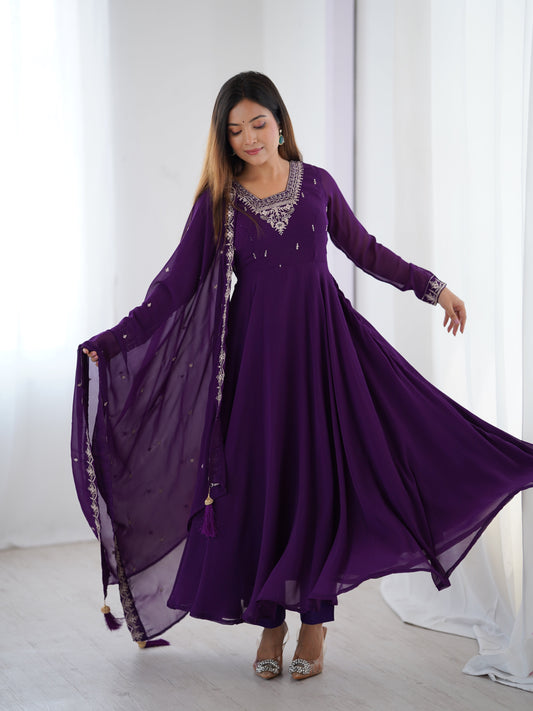 Purple Color Georgette Embroidered Three Piece Anarkali Suit