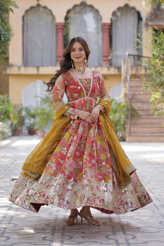 Pinkish Red Color Alia Cut Embroidered Gown With Dupatta