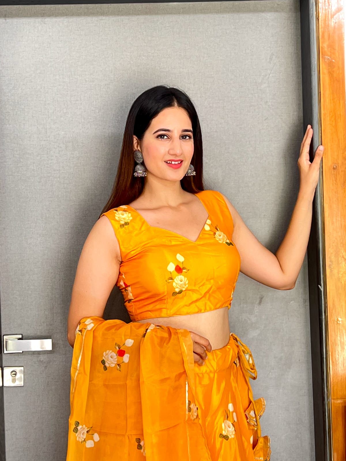 Amazing Digital Print Mustard Organza Silk Lehenga Choli
