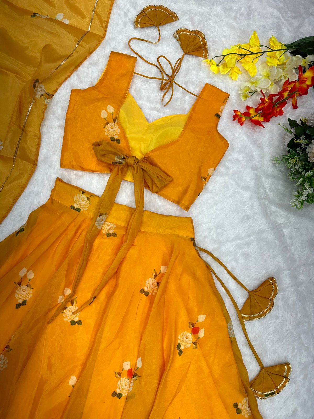 Amazing Digital Print Mustard Organza Silk Lehenga Choli