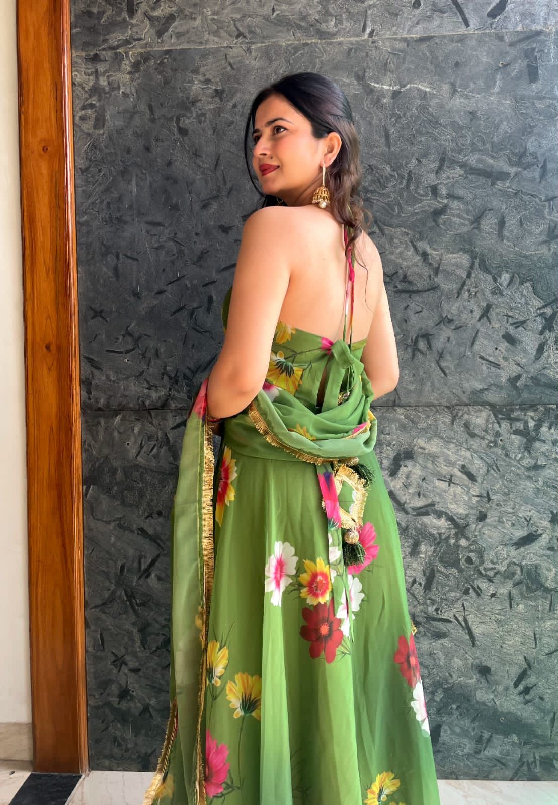 Fancy Neck Pattern Green Color Flower Printed Anarkali Gown